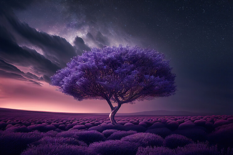 Poster Tree in the middle of a lavender field