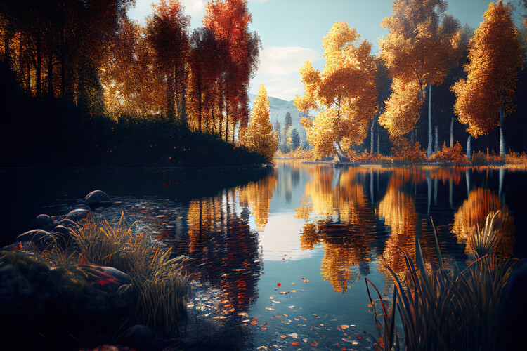 Poster Landscape of an autumn forest by a lake