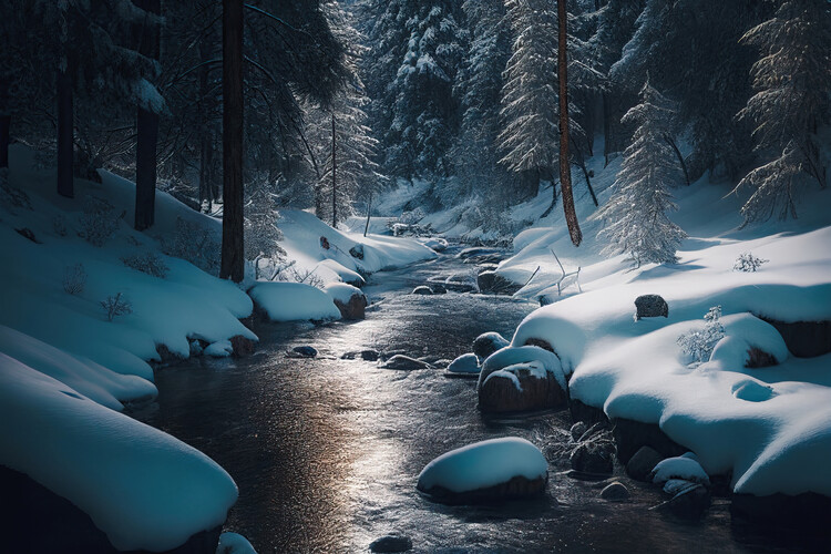 Poster Snowy forest by a river