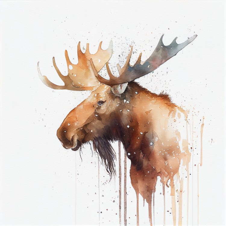 Poster moose, beautiful art, watercolor, white background, minimali