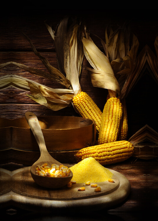 Plakát Corns on the cobs on a wooden tabel