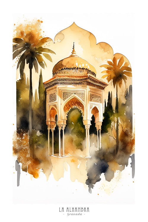 Poster Alhambra Granada Gardens Inspiration Watercolor Aquarell