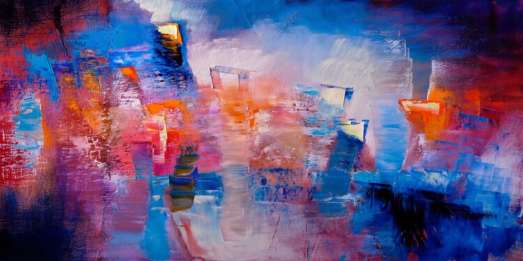 Plakat ici et maintenant - composition in blue and red
