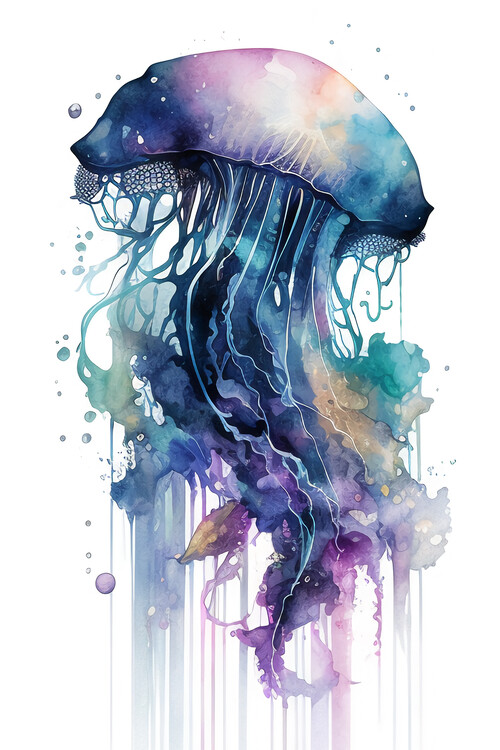 Poster Jellyfish Tropical Reef Life underwater Ocean Water color