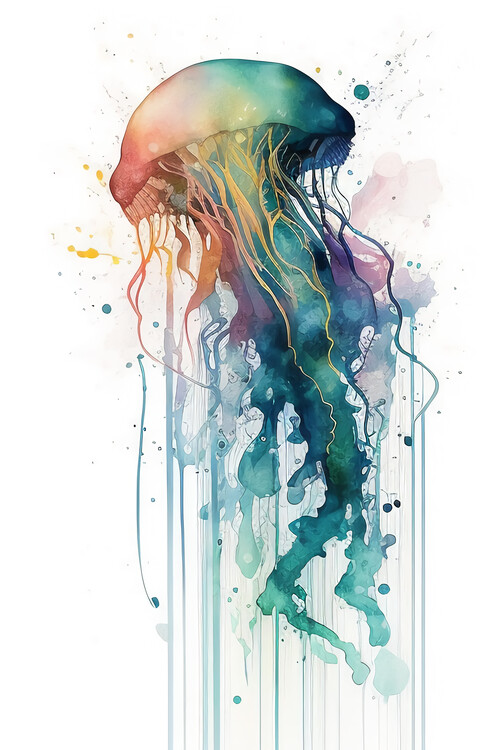 Poster Qualle Wasser Tropisch Riff Leben unter Wasser Ozean Aquarel