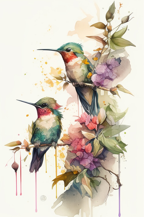 Poster Kolibri Vögel Leben Golden Blumen Flug Hübsch Garten Natur