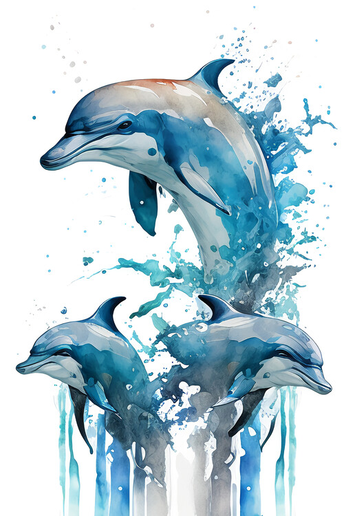 Poster Dolphins Delfine Dauphins Delfines on Watercolor Aquarell