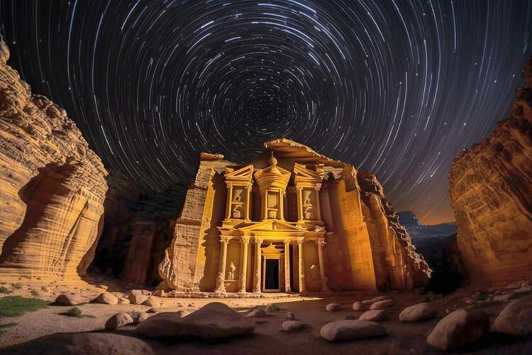 Poster Petra city, Jordan Al Khazneh, Night Circumpolar Timelapse