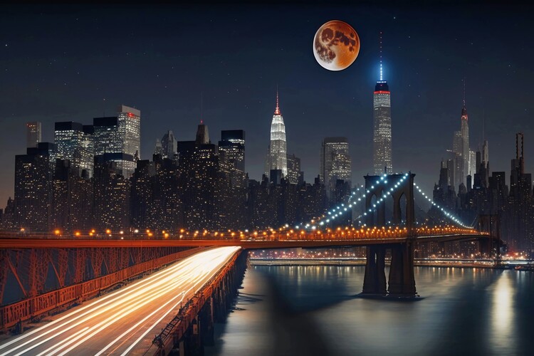 Poster New York NY, Nigth Skyline Bridges and Full Blood Moon