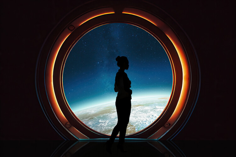 Плакат Silhouette of a woman looking out a window at the Earth