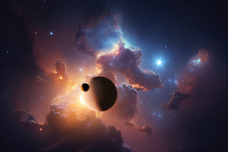 Canvas-taulu Planet with moon on a background of stars