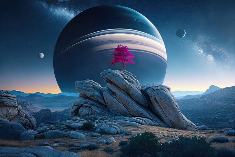 Плакат Surreal landscape with a tree and moons in the background