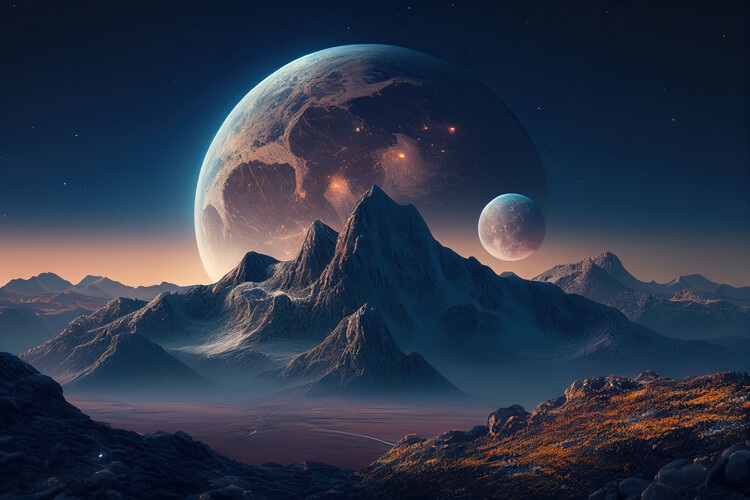 Плакат Surreal landscape of some moons over some mountains