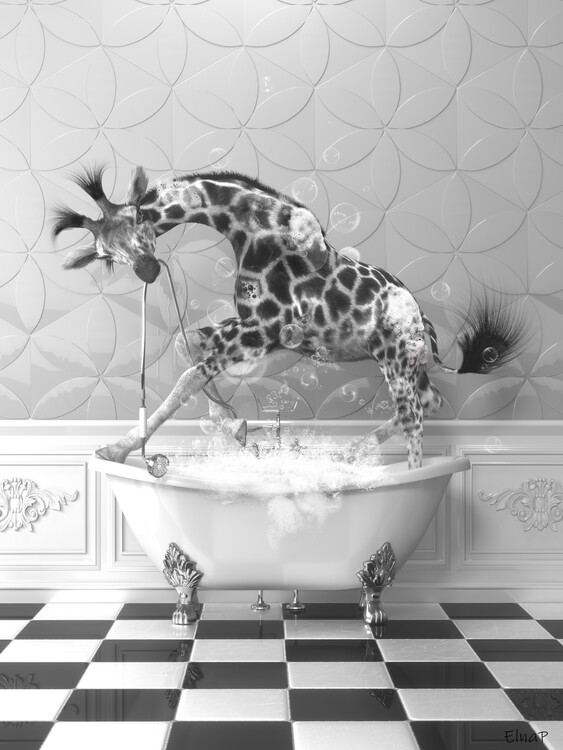 Poster Giraffe in the bathtub Wall Art, Funny picture of an animal
