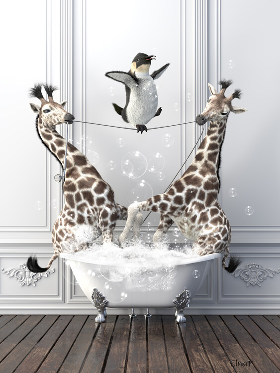Poster Penguin in Tub Print Wall Art, washroom decor, Giraffe art