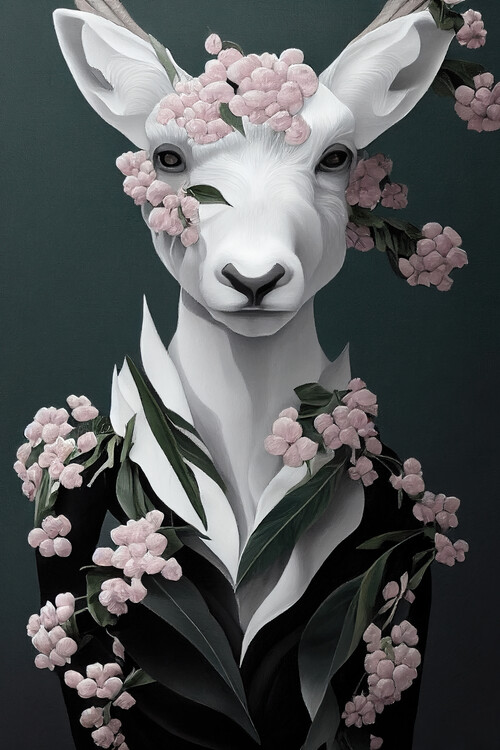 Plakat White deer with pink flowers