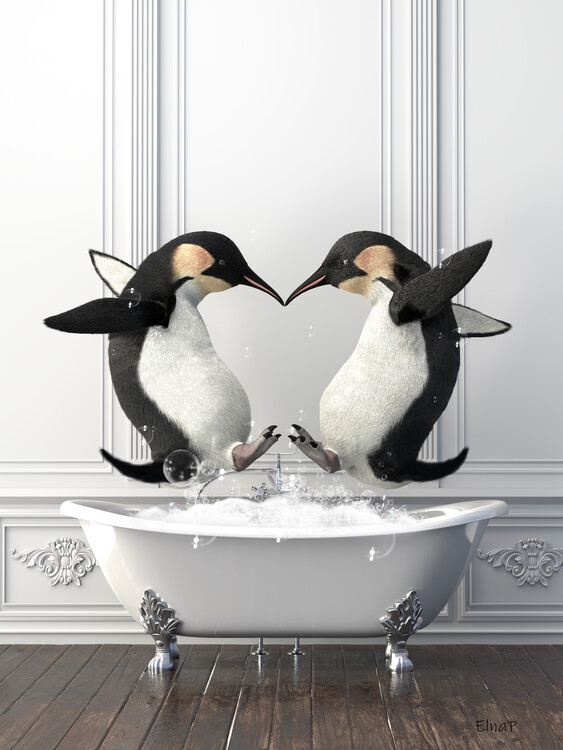 Poster Penguins in Tub Printable Wall Art,Animals in Bath Tub