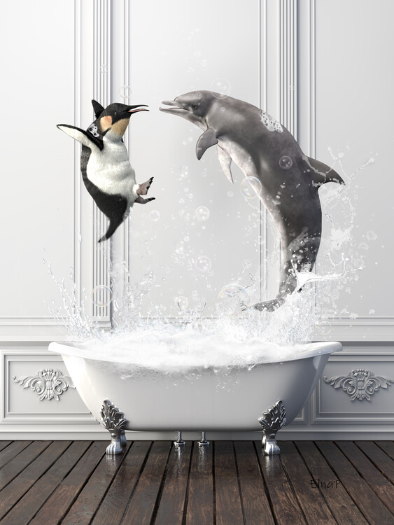 Poster Penguins in Tub Print Wall Art, Animals in Bath Tub
