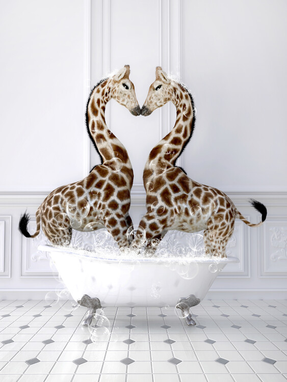 Poster Giraffe floating in the bathtub, animals in Tub Print art