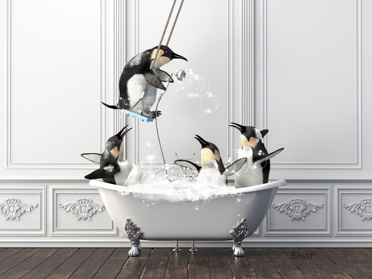 Poster Penguins in Tub Print, Animal in Bathtub, penguin art
