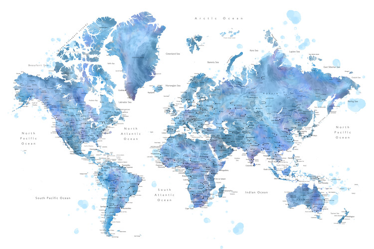 Poster Blue watercolor world map with cities, Simeon
