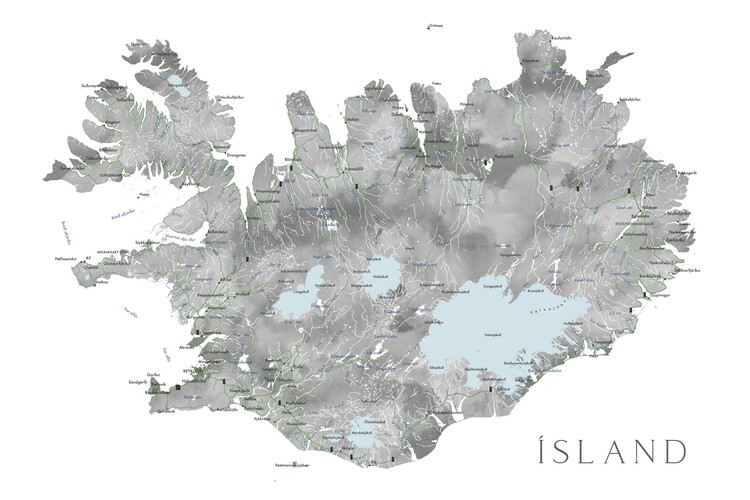 Poster Island - Iceland map in gray watercolor - native labels
