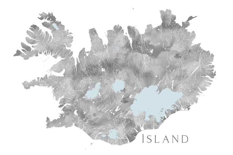 Poster Ísland Iceland blank map in gray watercolor