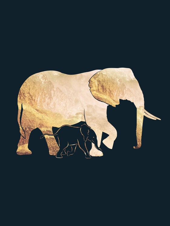 Poster Elephants silhouette line art black 1