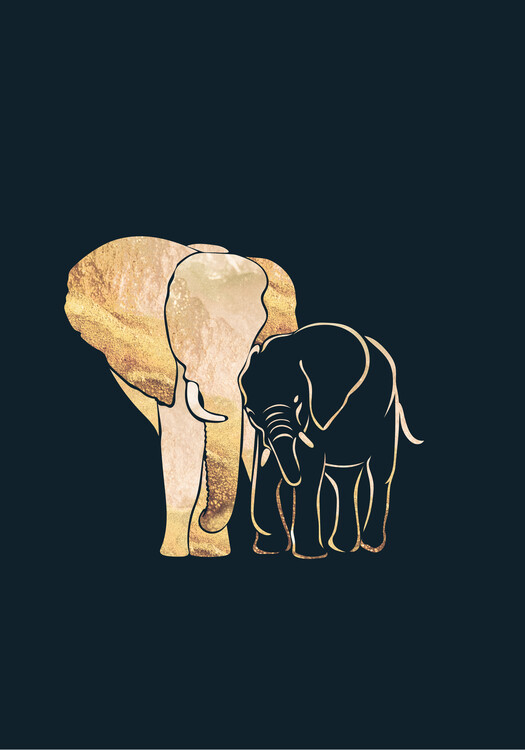 Poster Elephants silhouette line art black 2