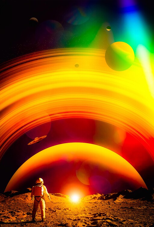 Plakát Astronaut and orange ringed planet in space