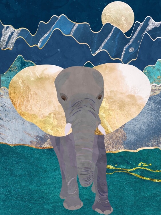 Плакат Elephant gold moonlight mountains