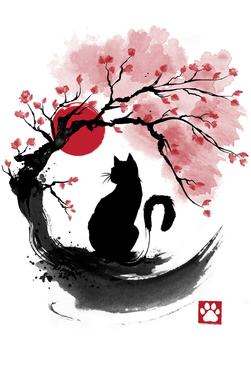 Poster Sakura Cat sumi-e