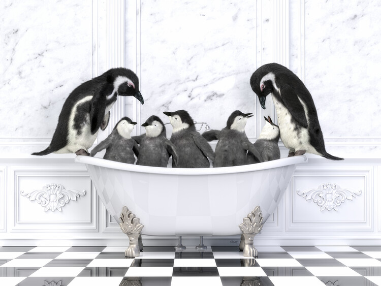 Poster Penguin family in the bathroom Wall Art, penguin Photo