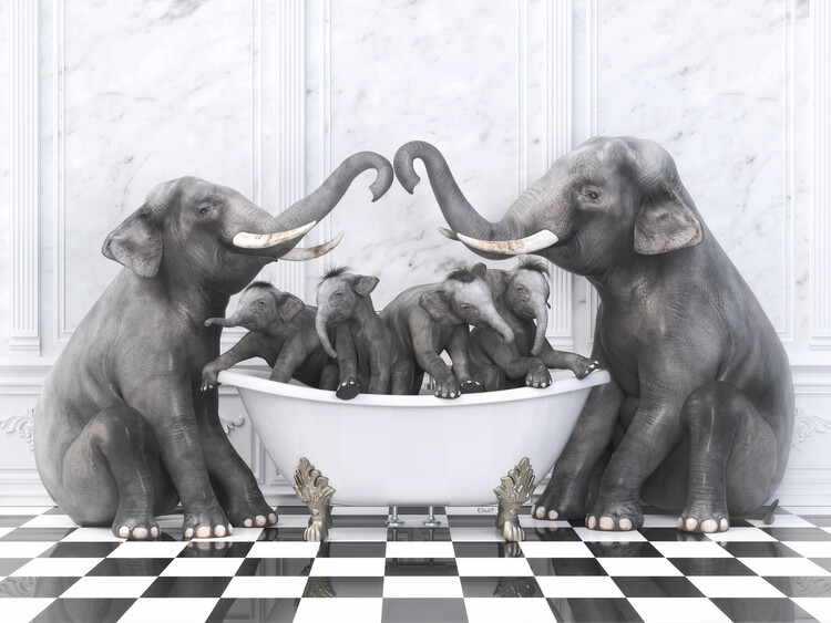 Poster Elephant family in the bathroom Wall Art