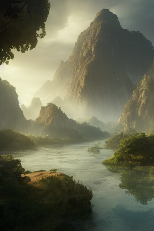 Poster Foggy river with mountain