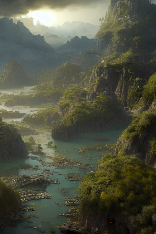 Poster Foggy river with mountains and destroy