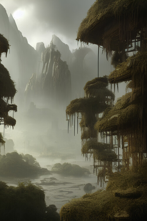 Poster Foggy river with trees