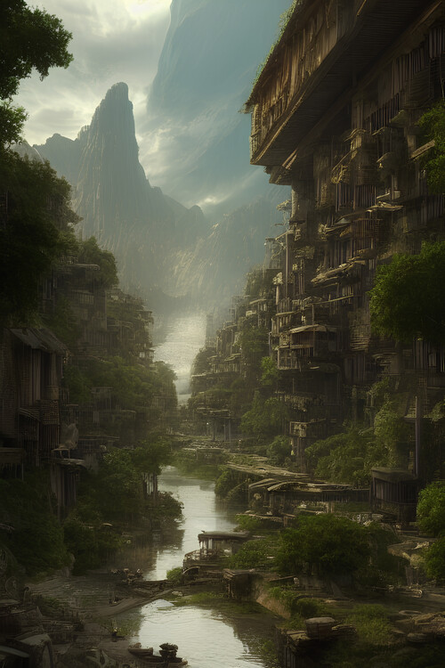 Poster Foggy river with mountain and ancient house