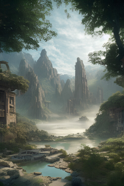 Poster Foggy river with rocks