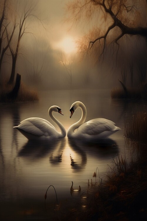 Poster Beautiful romantic swans, lake setting
