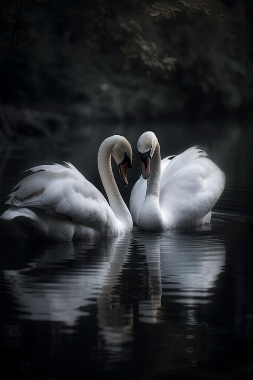 Poster Beautiful romantic swans, lake setting