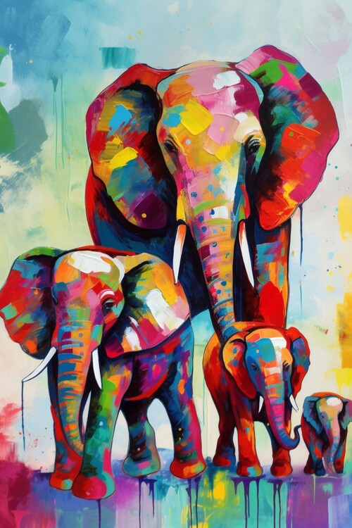 Poster elephant family parade, vibrant watercolor painting