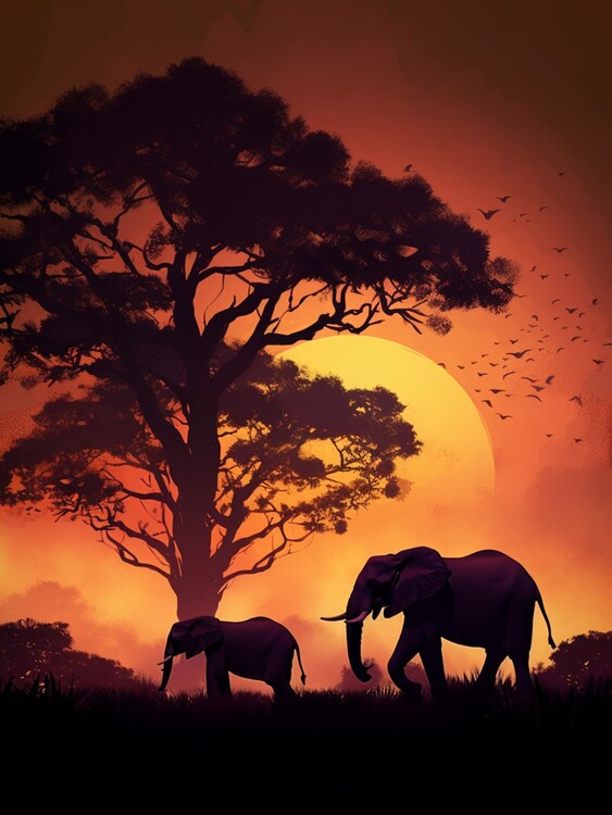 Poster majestic elephant family, colorful sunset