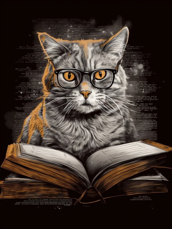 Poster Cat wearing glasses, reading a book