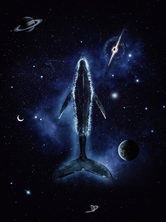 Poster Blue Whale in the middle of a spatial ocean