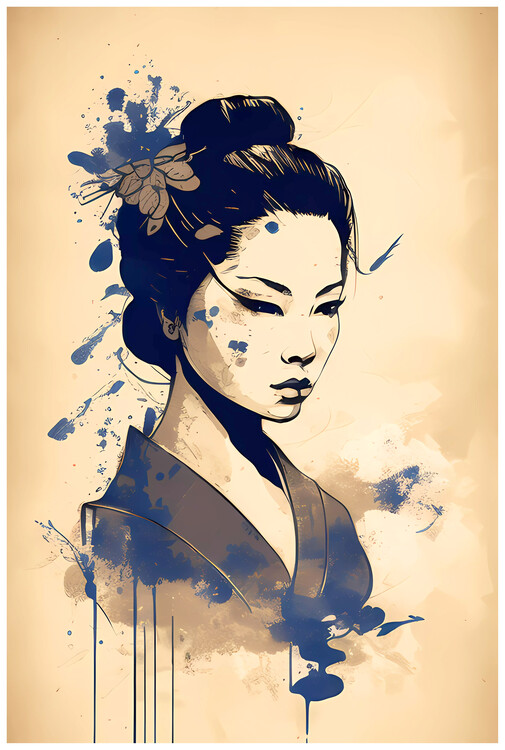 Quadro su tela Japanese Geisha : Serenity and grace on blue black Ink