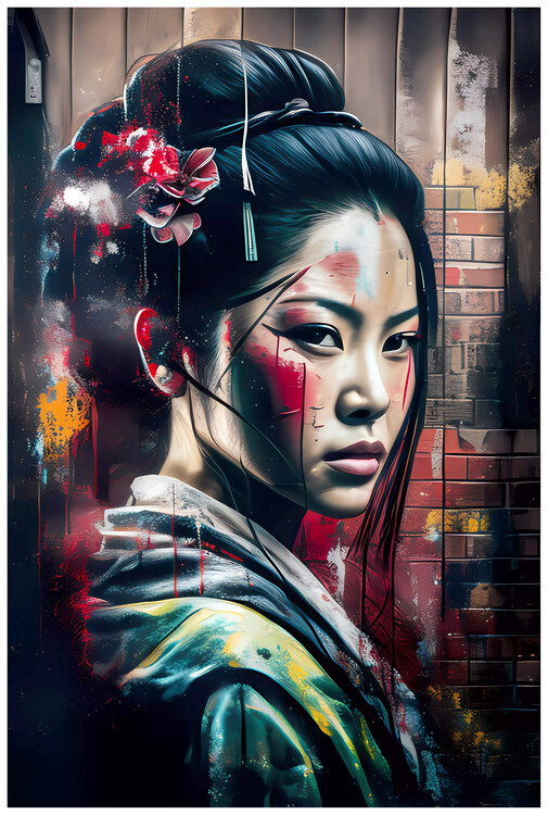 Poster Japanese Geisha: Mystery behind makeup on Graffiti Style