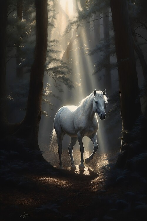 Poster White horse in magical forest