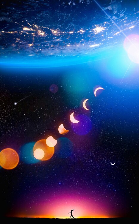 Plakát Silhouette Dancers, Crescent Moons and Earth