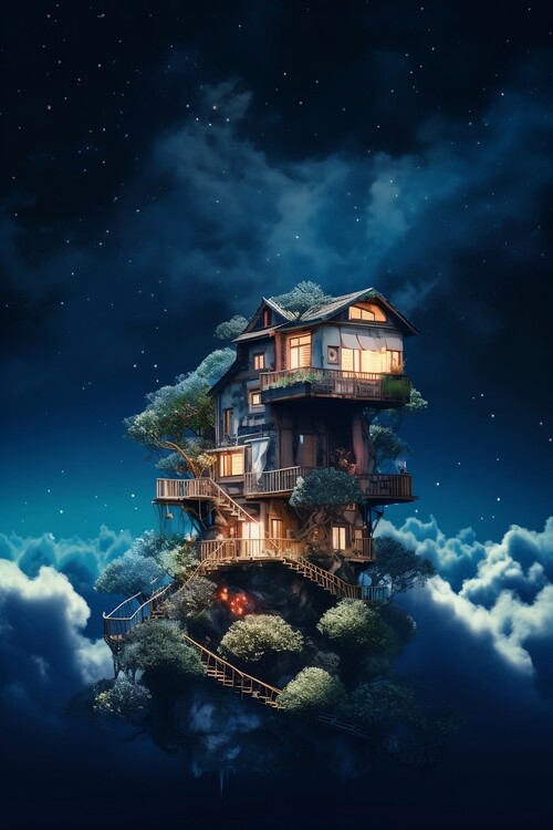 Poster Magical house, fantasy starry night
